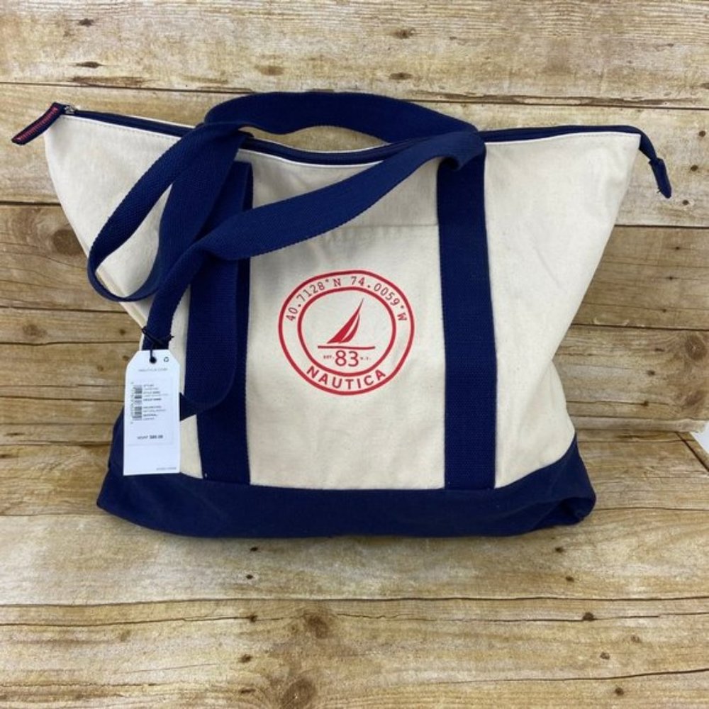 Nautica Canvas Tote Bag in Cream and Navy with Red Logo